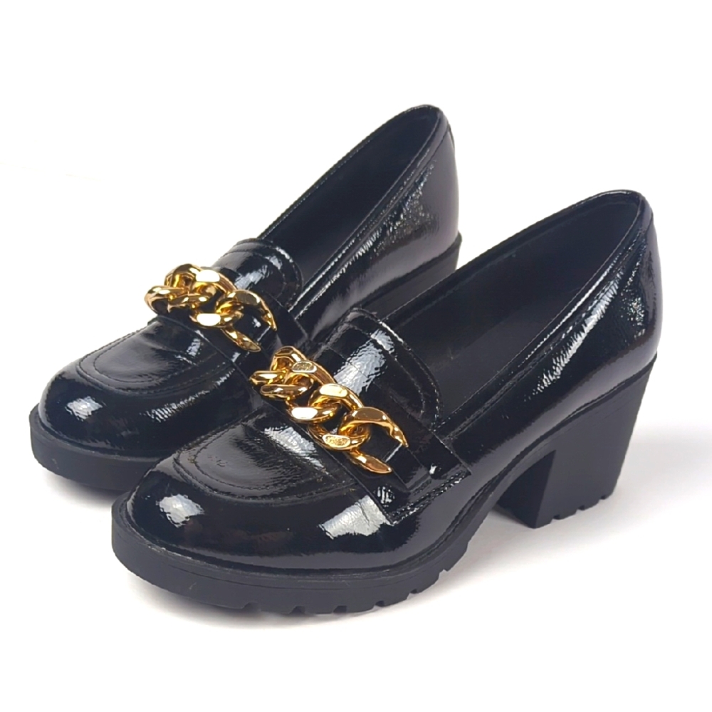 Limelight Black Patent Loafers with Gold Chain Accent